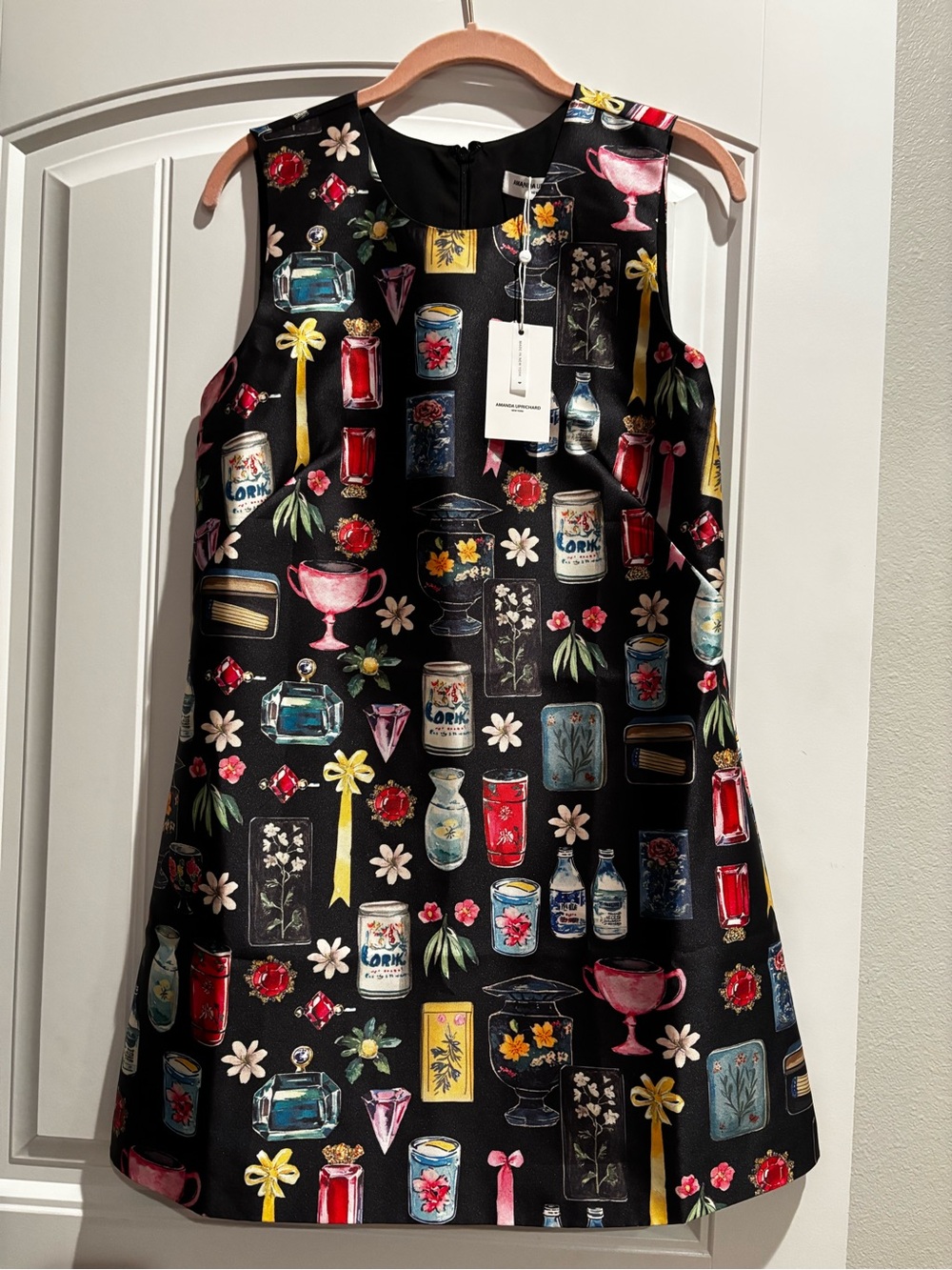 Amanda Uprichard Black Sleeveless Dress with Multicolor Vanity Print